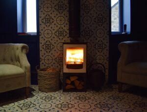 brown and beige fireplace