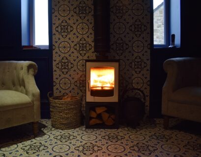 brown and beige fireplace