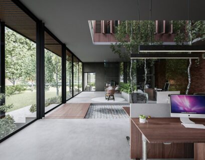 a room with a desk and a laptop on it