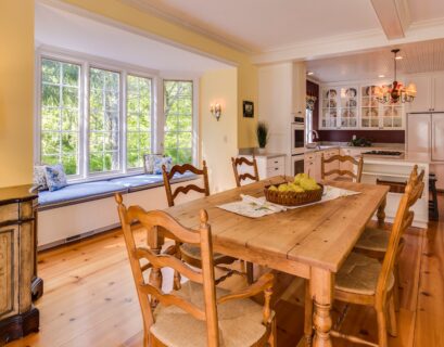 rectangular brown wooden table with chairs set