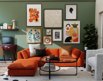 orange and black sofa with throw pillows