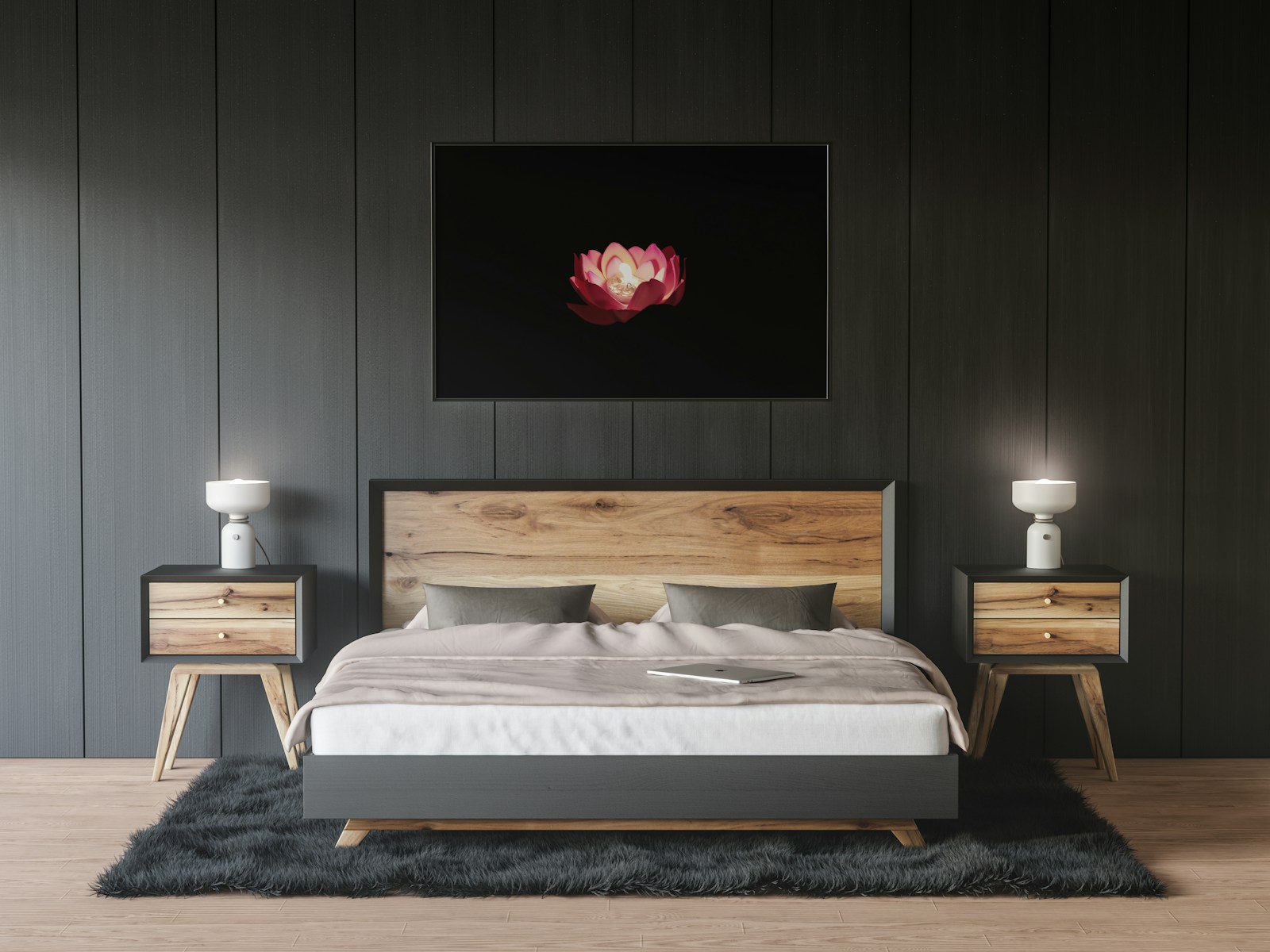 a bedroom with a bed, nightstands and a painting on the wall